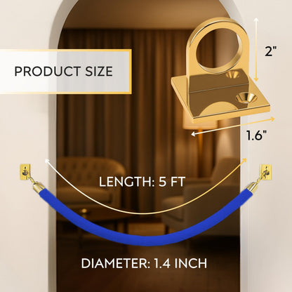 Wall-Mount Blue Velvet Rope — 5 ft with Gold Wall Plates