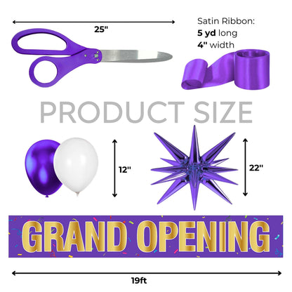 Size callout graphic showing 25-in scissors, 5 yd × 4-in satin ribbon, 12-in latex balloons, 22-in foil star balloon, and