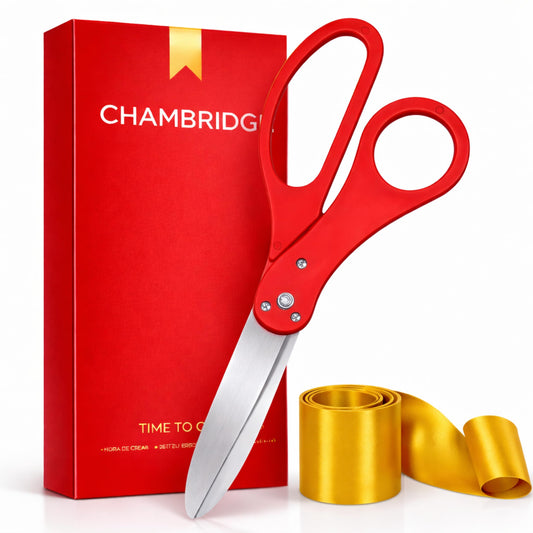 Red Scissor and Gold Ribbon / 20 Inch — red ceremonial scissors and rolled gold satin ribbon displayed in front of a red