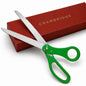 25-inch green ceremonial scissors with stainless steel blades resting on a red Chambridge gift box, white background