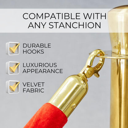 Red velvet rope with gold hook connecting to a gold stanchion post