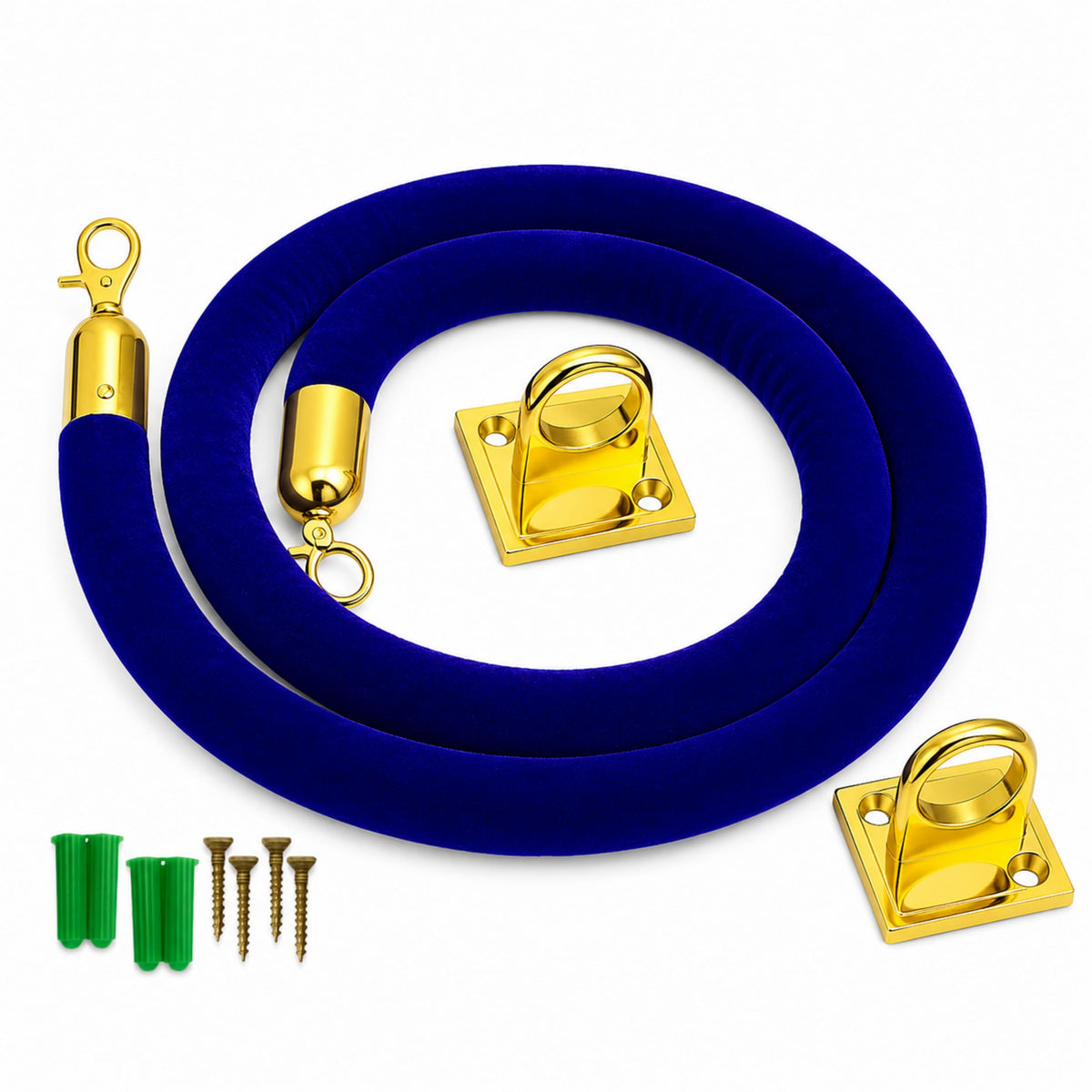 Wall-Mount Blue Velvet Rope — 5 ft with Gold Wall Plates