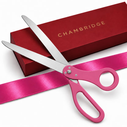 Scissors 25'' + Pink Ribbon — hot pink ceremonial scissors with stainless steel blades resting on pink satin ribbon