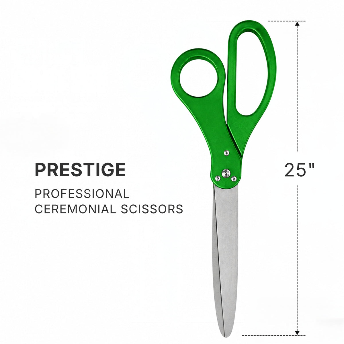 25-inch green grand opening scissors shown upright with size callout annotation on white background