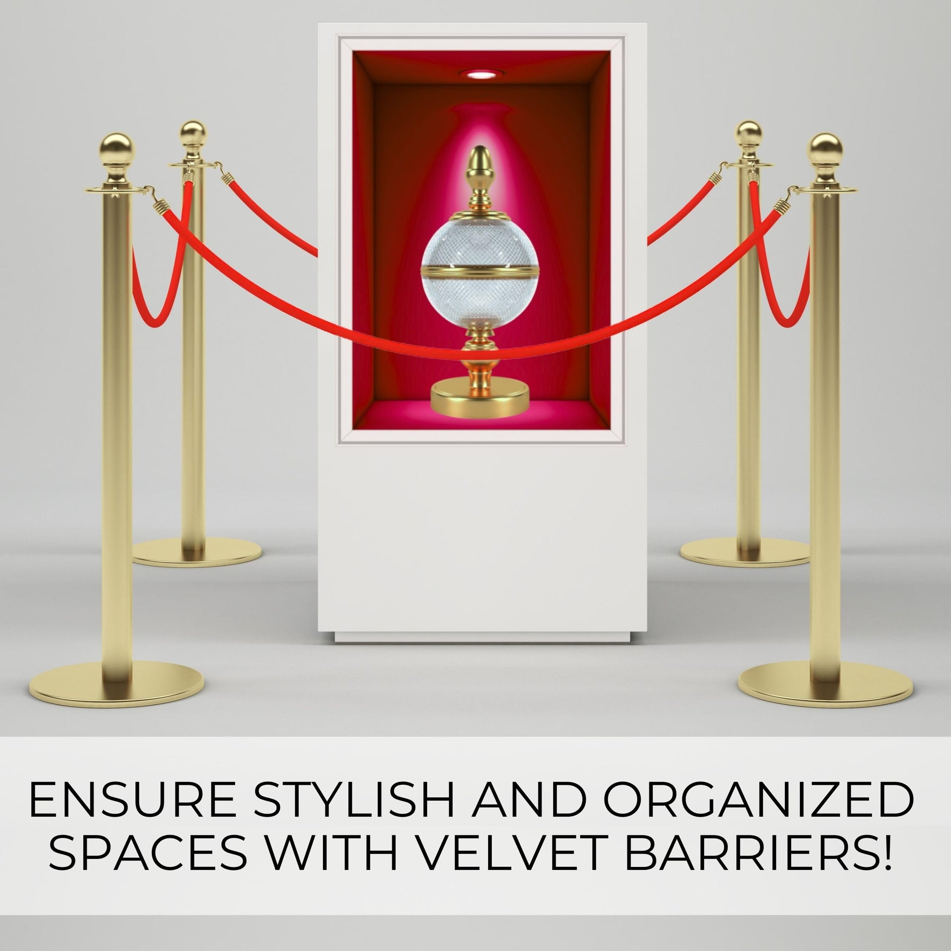 Gold stanchion posts with red velvet ropes surrounding a museum display pedestal