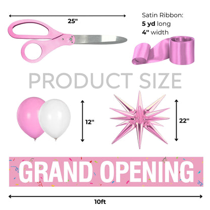 Scissors 25'' + Ribbon + Banner + Balloons — size diagram labeling 25-inch scissors, 5 yd × 4-inch ribbon, 12-inch latex