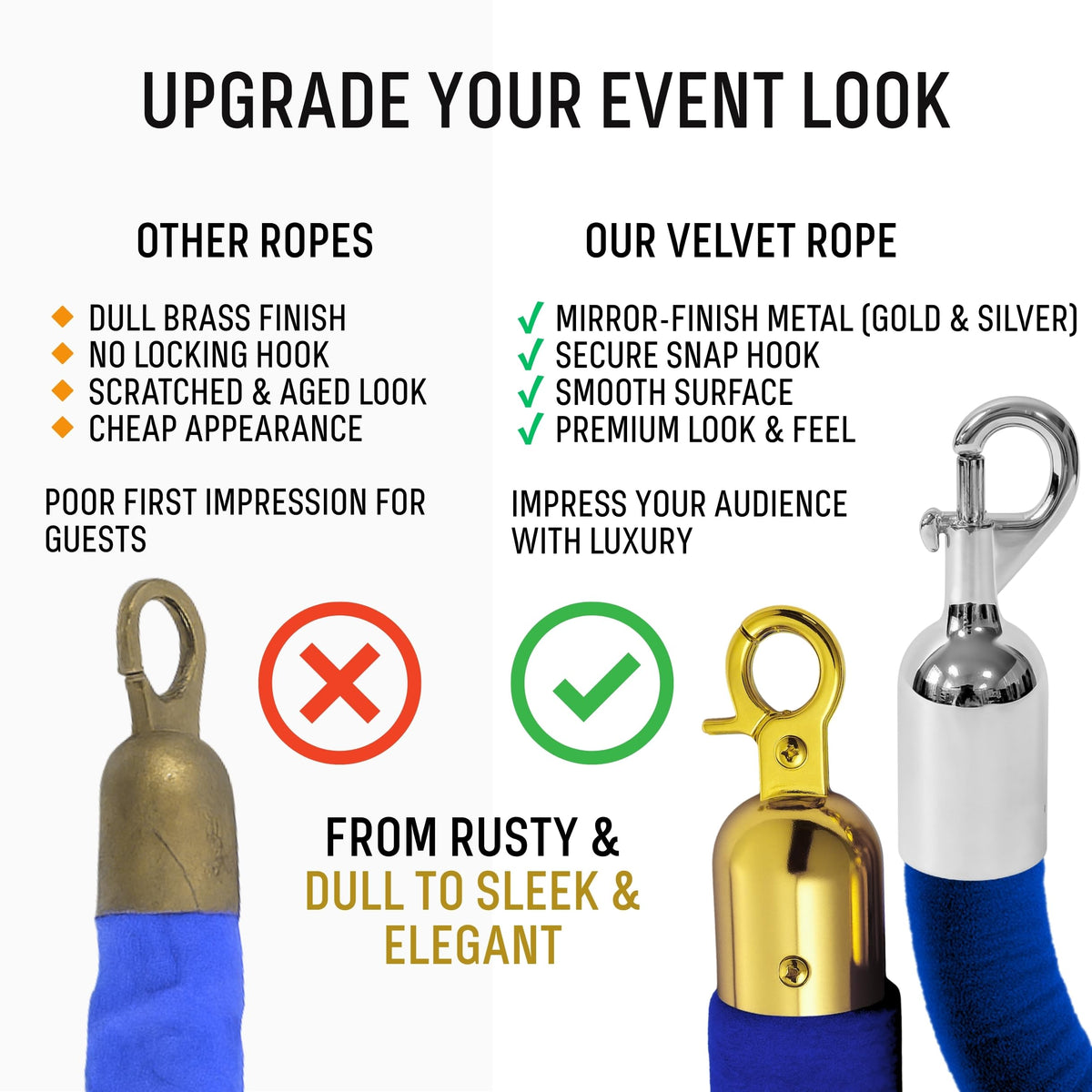 VIP Velvet Rope 6.5 ft with Gold & Silver Snap Ends