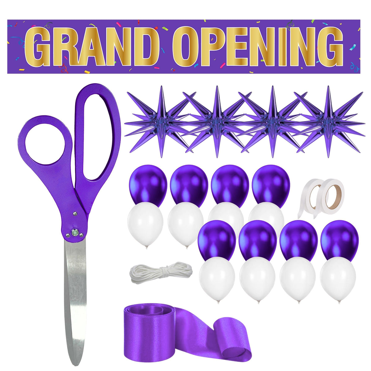 Purple 25 inch grand opening kit with ribbon, banner and balloons