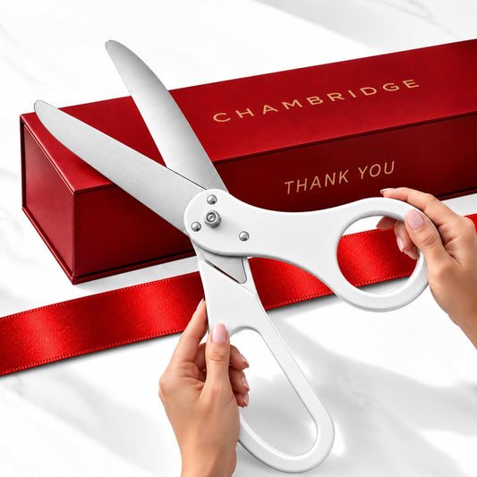 20 inch white ceremonial scissors with red satin ribbon and box — Chambridge