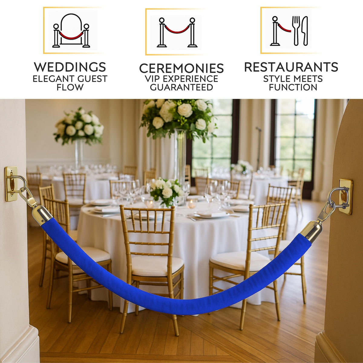 Wall-Mount Blue Velvet Rope — 5 ft with Gold Wall Plates