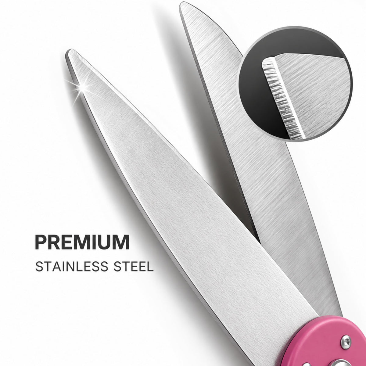 Scissors 25'' + Pink Ribbon — close-up of stainless steel blades with pink handles visible and serrated edge detail inset
