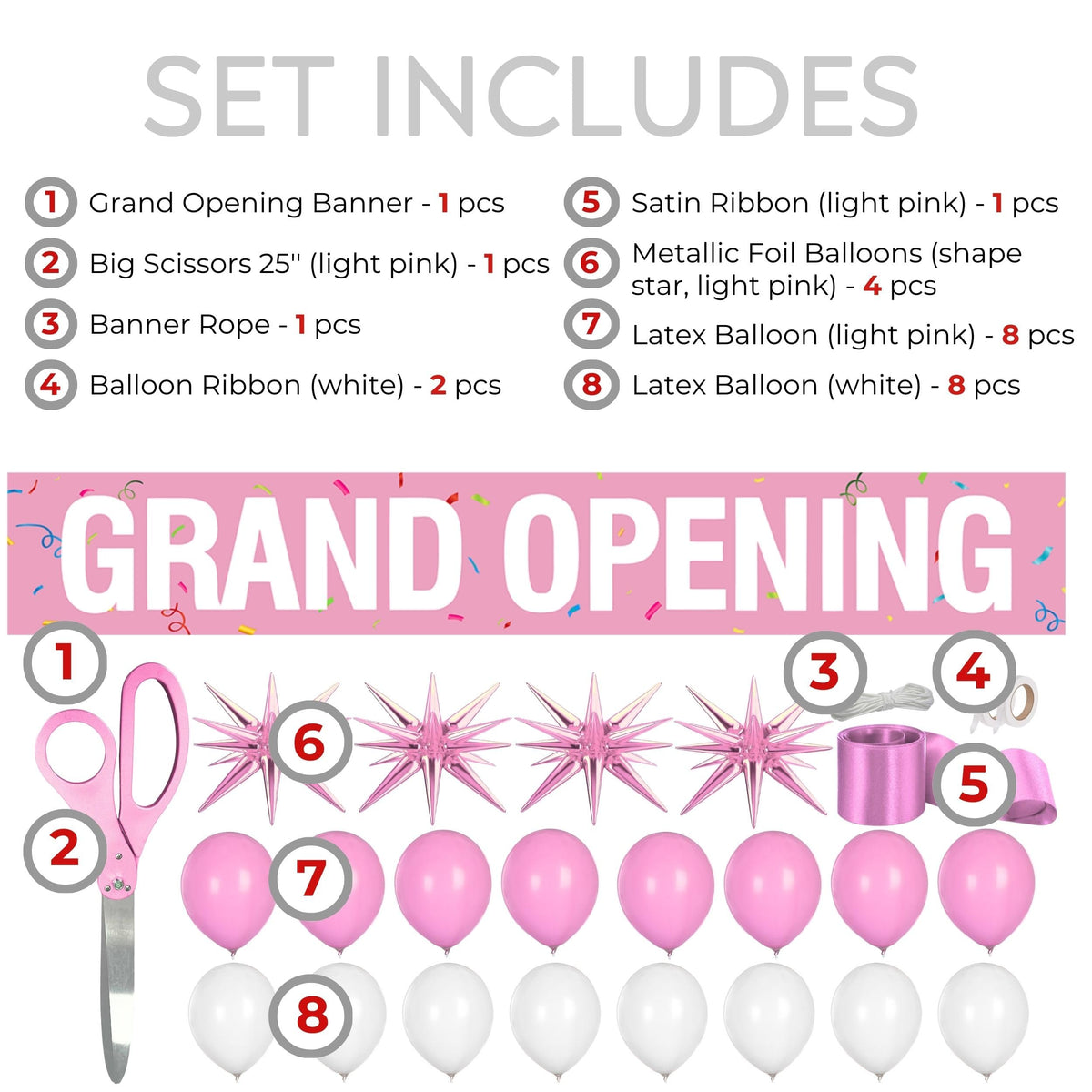 Scissors 25'' + Ribbon + Banner + Balloons — numbered contents diagram listing all 8 items with quantities over a pink Grand