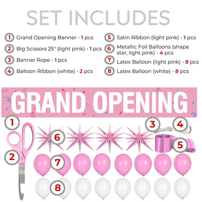 Scissors 25'' + Ribbon + Banner + Balloons — numbered contents diagram listing all 8 items with quantities over a pink Grand