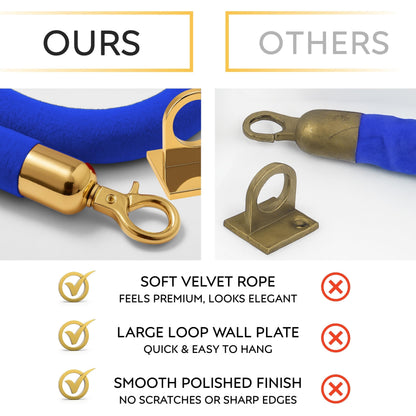 Wall-Mount Blue Velvet Rope — 5 ft with Gold Wall Plates