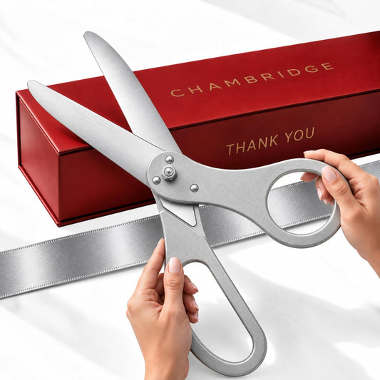 20 inch silver ribbon cutting scissors with silver satin ribbon — Chambridge