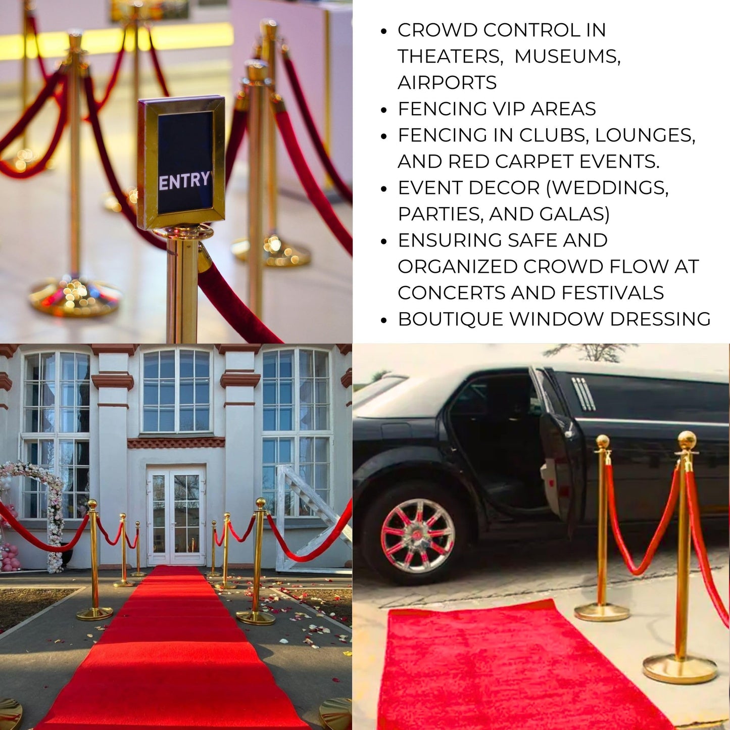 Gold stanchions with red velvet ropes at elegant red carpet event entrance