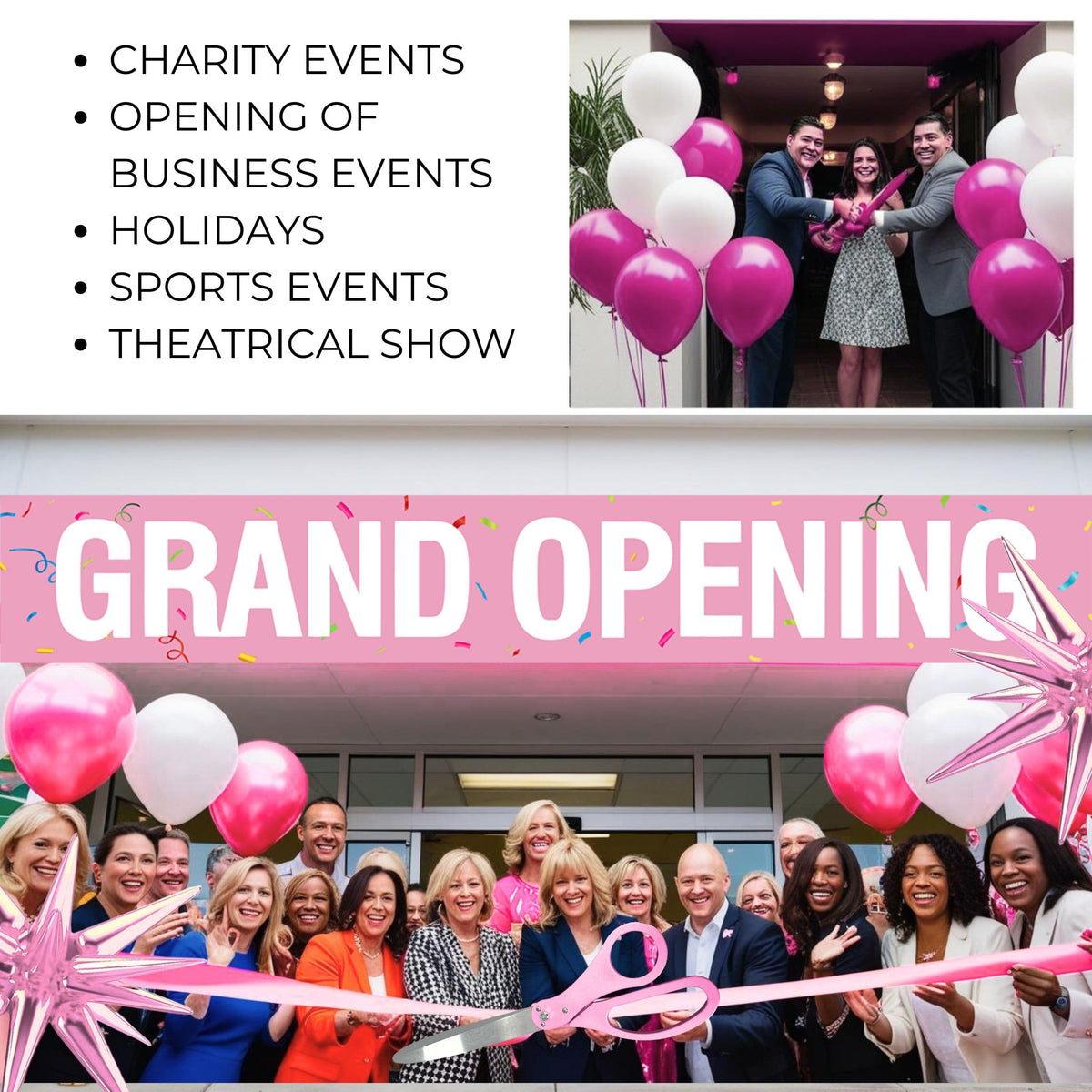Scissors 25'' + Ribbon + Banner + Balloons — use-case graphic listing charity events, business openings, holidays, sports