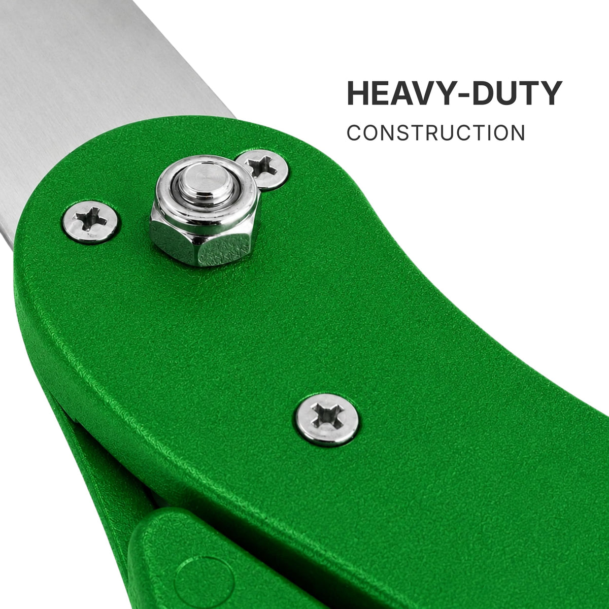 Macro close-up of the pivot bolt and green PVC handle construction on 25-inch ceremonial scissors