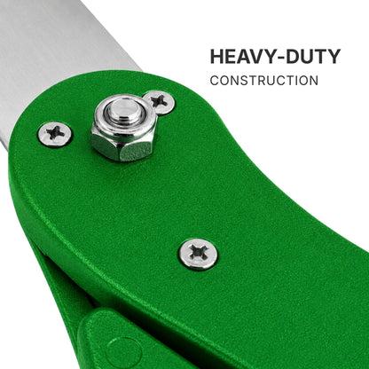 Macro close-up of the pivot bolt and green PVC handle construction on 25-inch ceremonial scissors