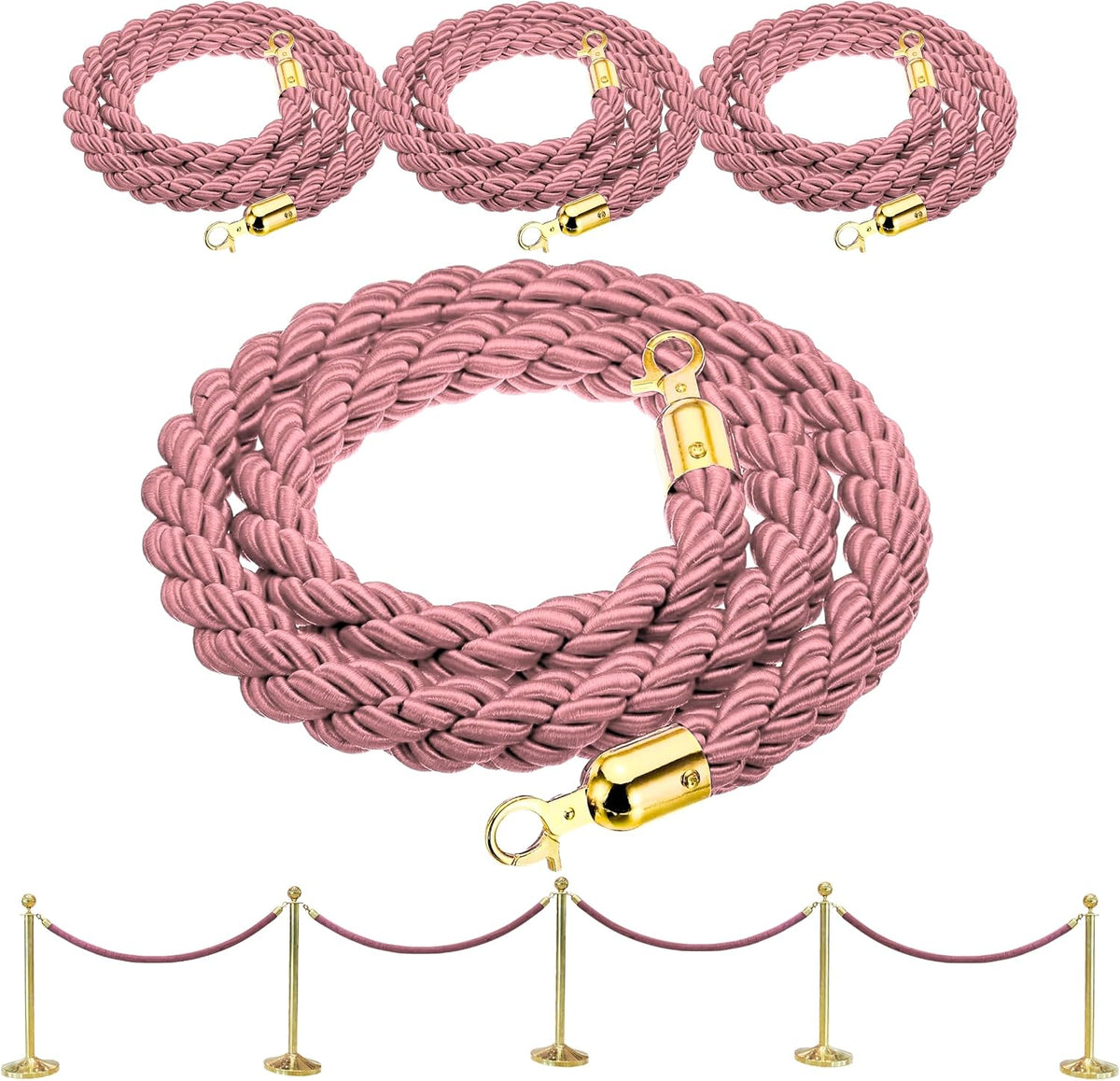 4-piece braided pink rope set, 5 ft, with gold hooks