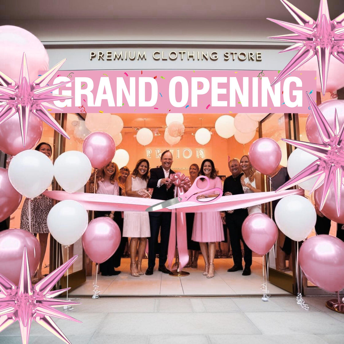 Scissors 25'' + Ribbon + Banner + Balloons — clothing store grand opening crowd with pink ribbon cut, Grand Opening banner