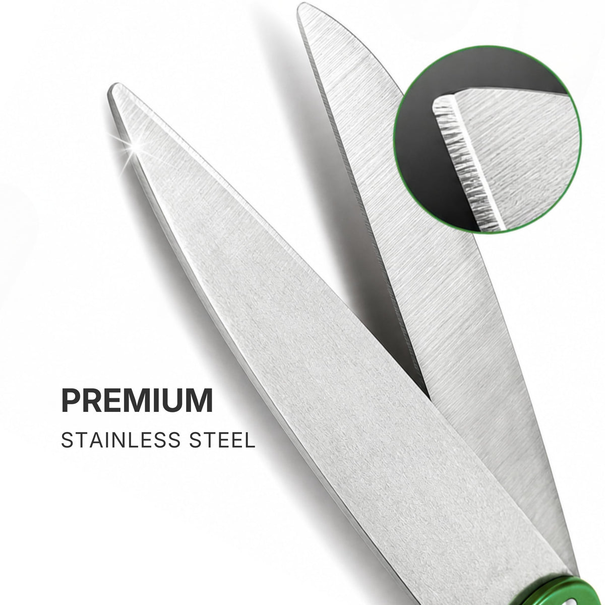 Close-up of stainless steel blades on green ceremonial scissors with magnified edge detail inset