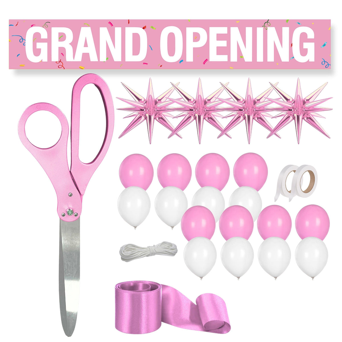 Pink 25 inch grand opening kit with ribbon, banner and balloons