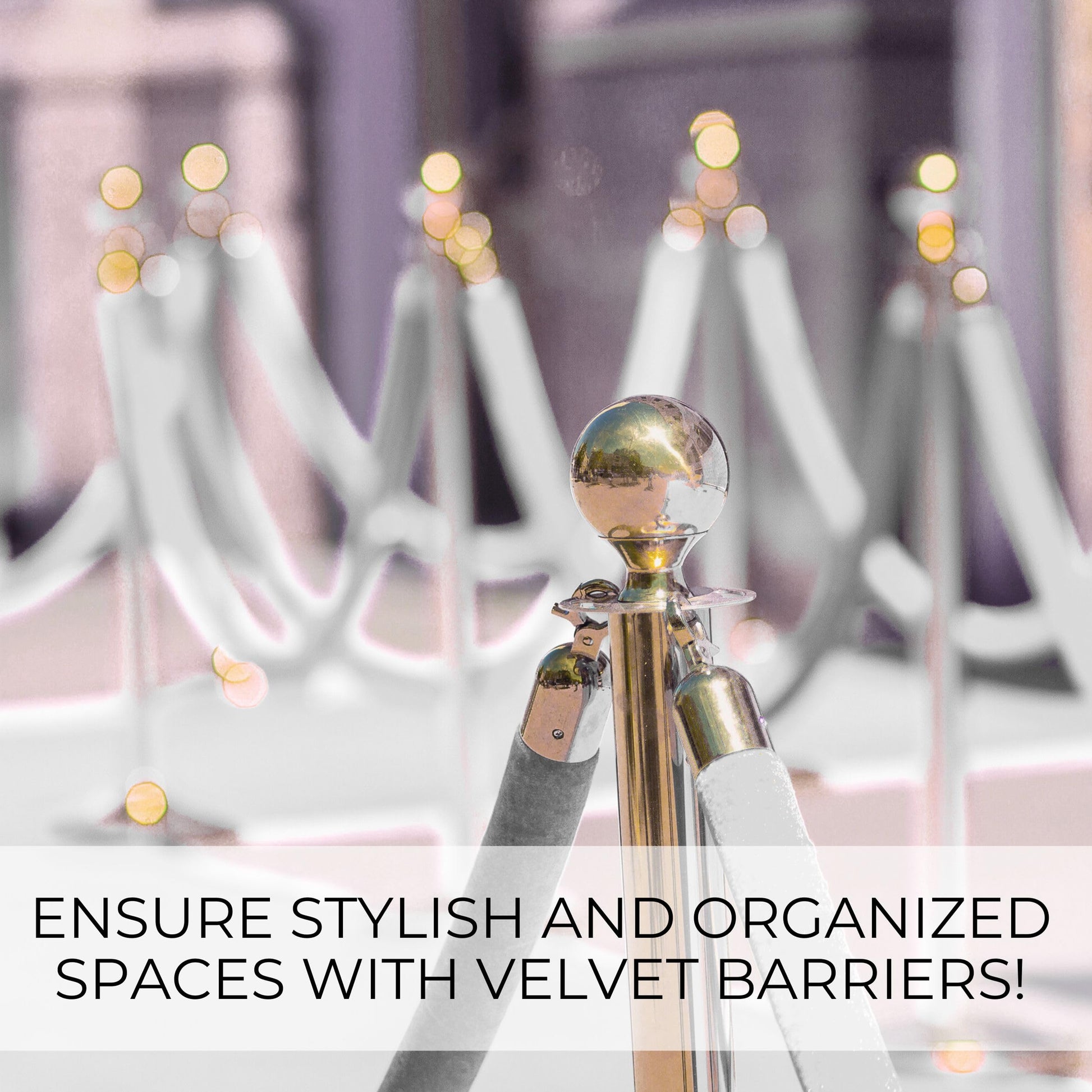 White velvet rope barrier set with polished gold stanchions for elegant crowd control