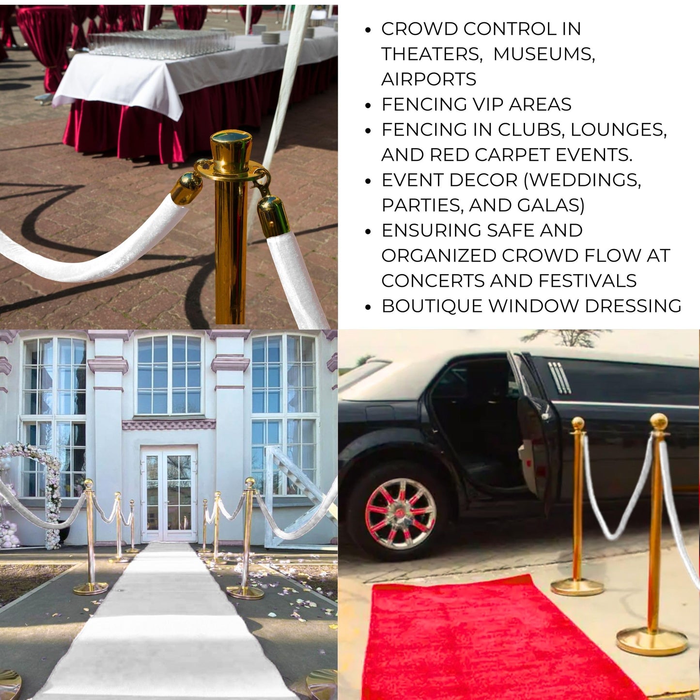 Gold stanchions with white velvet ropes used at elegant events and red carpet