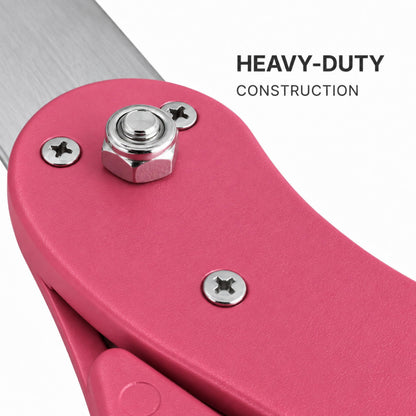 Scissors 25'' + Pink Ribbon — extreme close-up of pink PVC handle pivot joint and metal screws, labeled Heavy-Duty