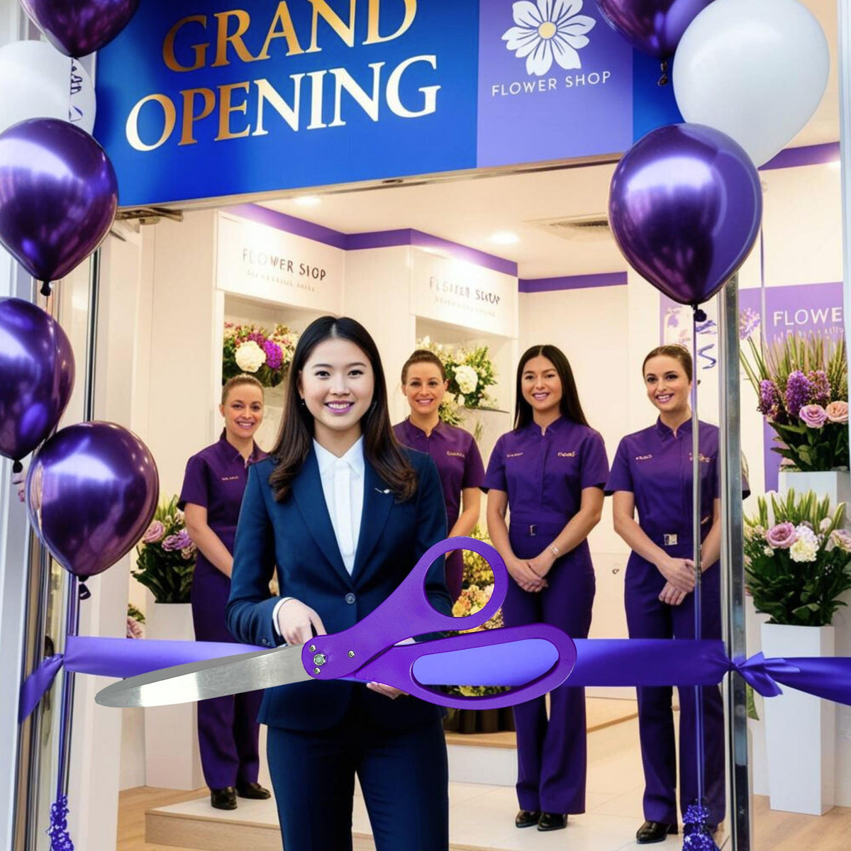 Flower shop grand opening with staff behind purple 25-inch scissors and Grand Opening banner, purple balloons overhead