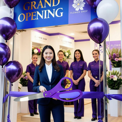 Flower shop grand opening with staff behind purple 25-inch scissors and Grand Opening banner, purple balloons overhead