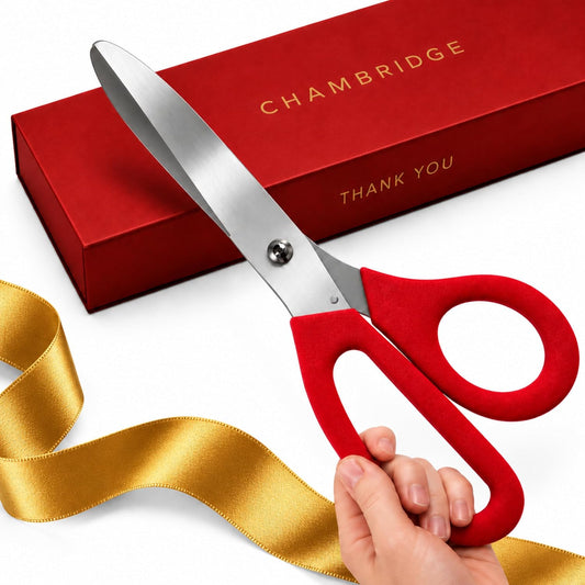 16 inch red ribbon cutting scissors with gold satin ribbon — Chambridge