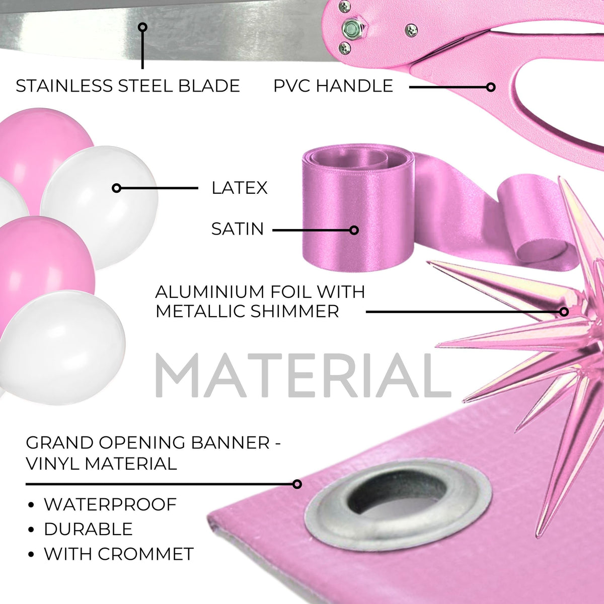 Scissors 25'' + Ribbon + Banner + Balloons — materials callout: stainless steel blade, PVC handle, latex balloons, satin