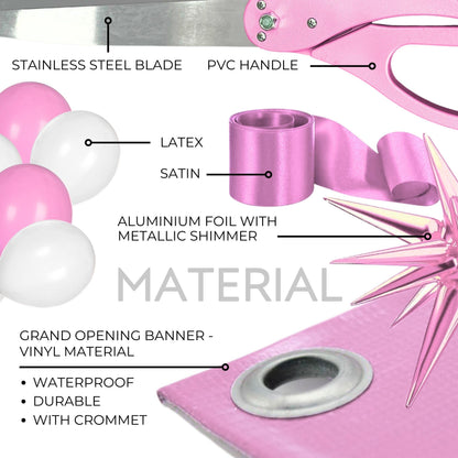 Scissors 25'' + Ribbon + Banner + Balloons — materials callout: stainless steel blade, PVC handle, latex balloons, satin