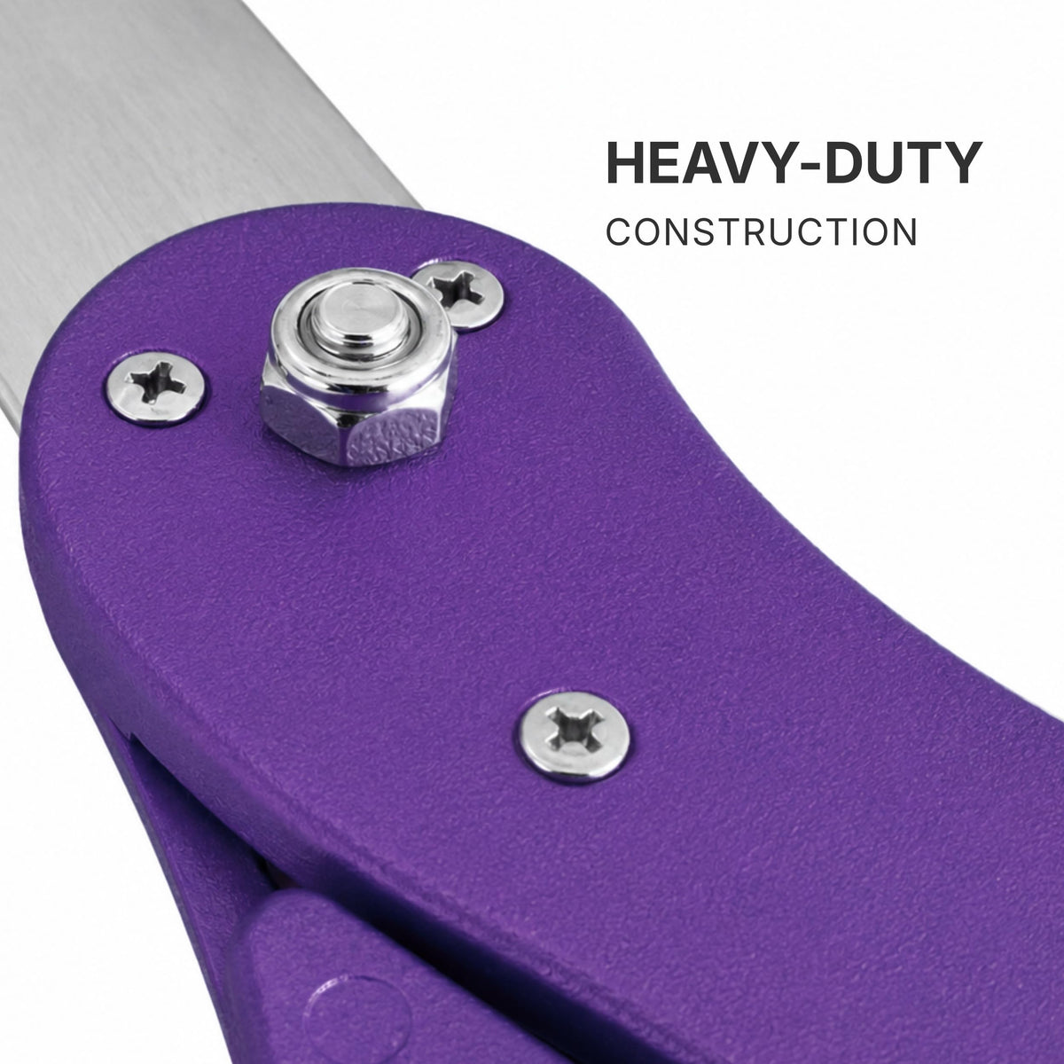 Macro shot of the heavy-duty pivot bolt and screws on the purple PVC handle of the ceremonial scissors