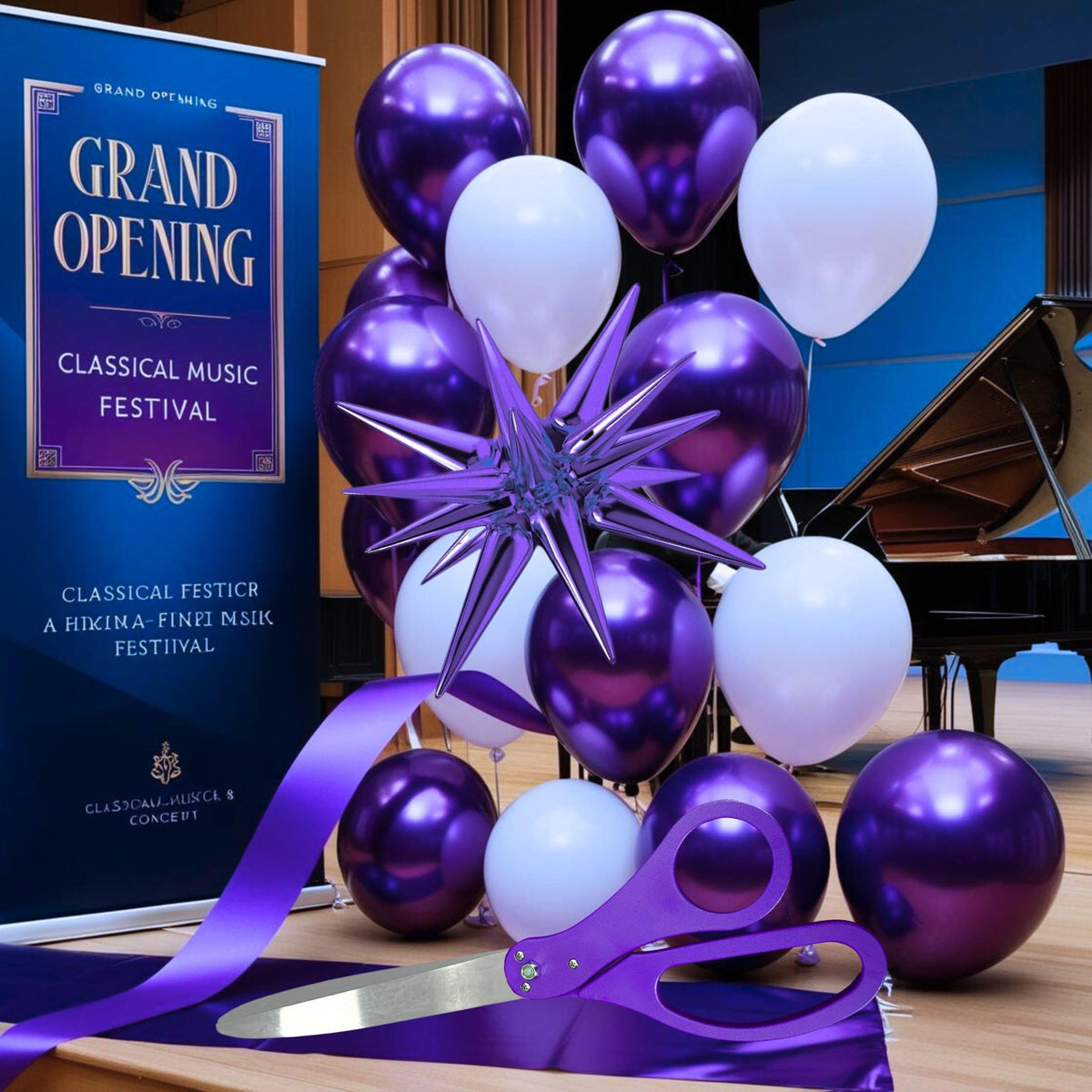 Classical music festival grand opening with purple star balloon, purple and white latex balloons, purple satin ribbon, and
