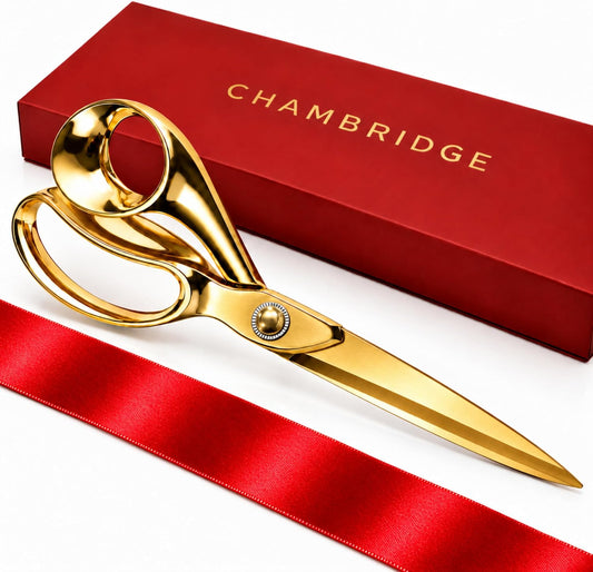 11-inch all-gold ribbon cutting kit with gold blades and red satin ribbon