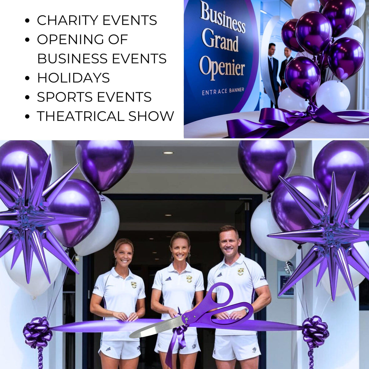 Use-case graphic listing charity events, business openings, holidays, sports events, and theatrical shows alongside a styled