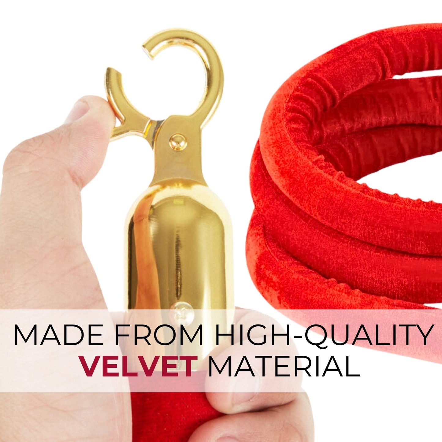 Red velvet rope with gold hook clasp for crowd control barriers