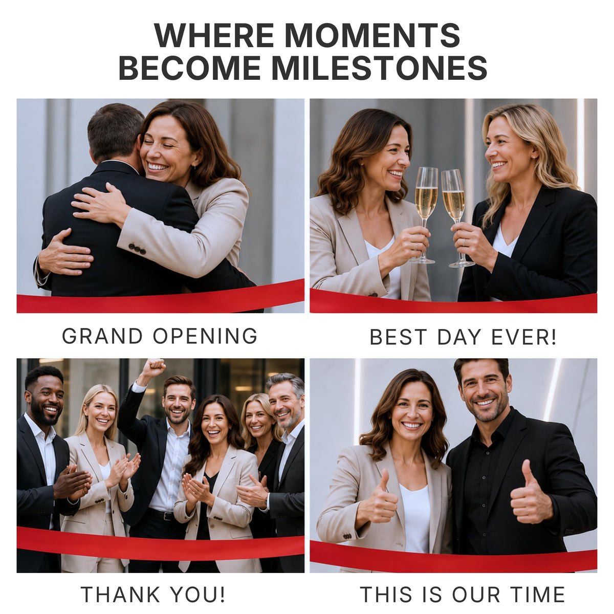 Scissors 25'' — lifestyle collage of four grand opening celebration scenes with red ribbon, labeled Where Moments Become