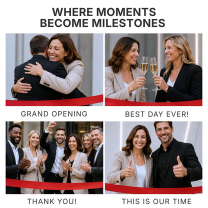 Lifestyle collage of four grand opening celebration moments with people cheering, hugging, and toasting
