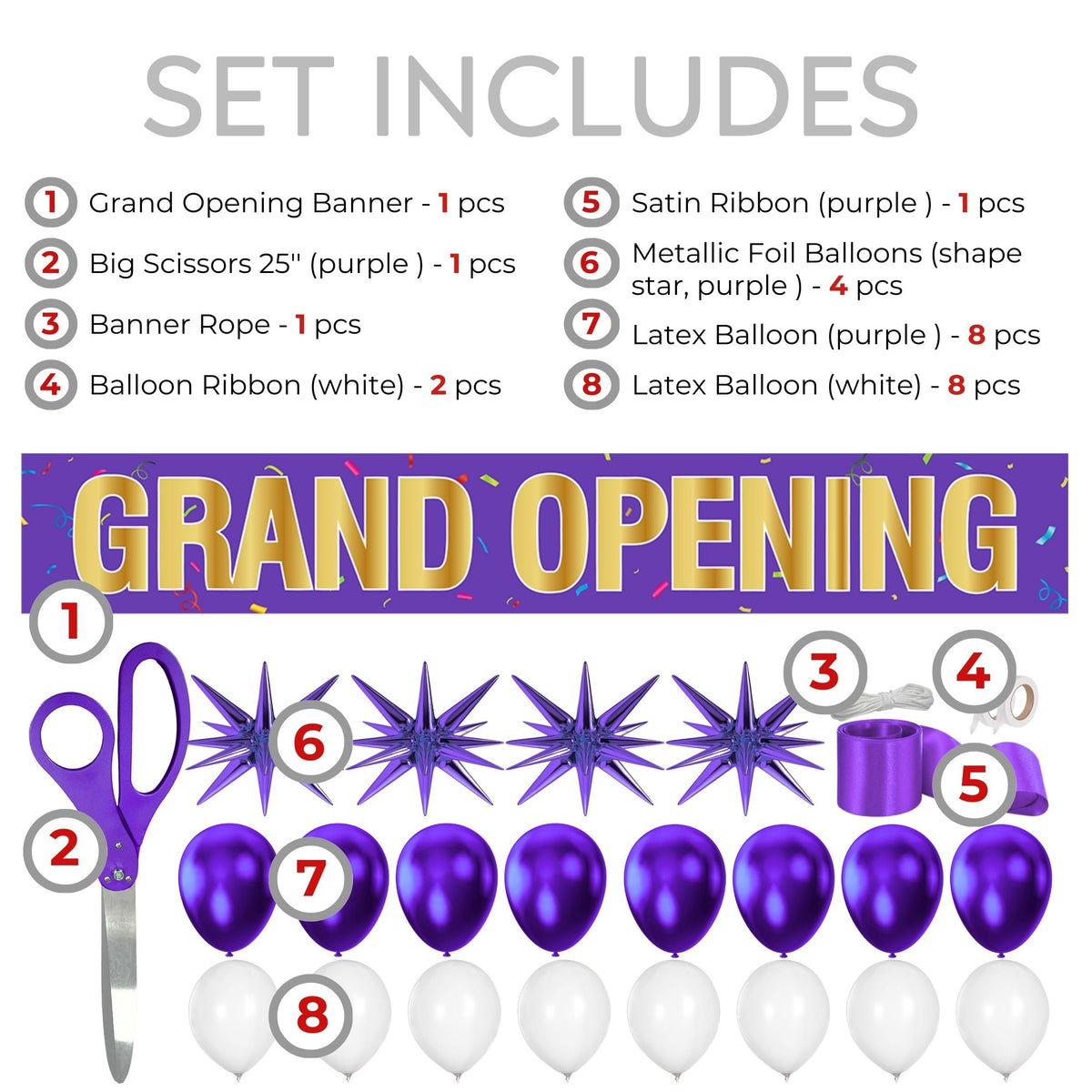 Numbered set-contents diagram for the full kit: banner, scissors, banner rope, balloon ribbons, satin ribbon, foil balloons