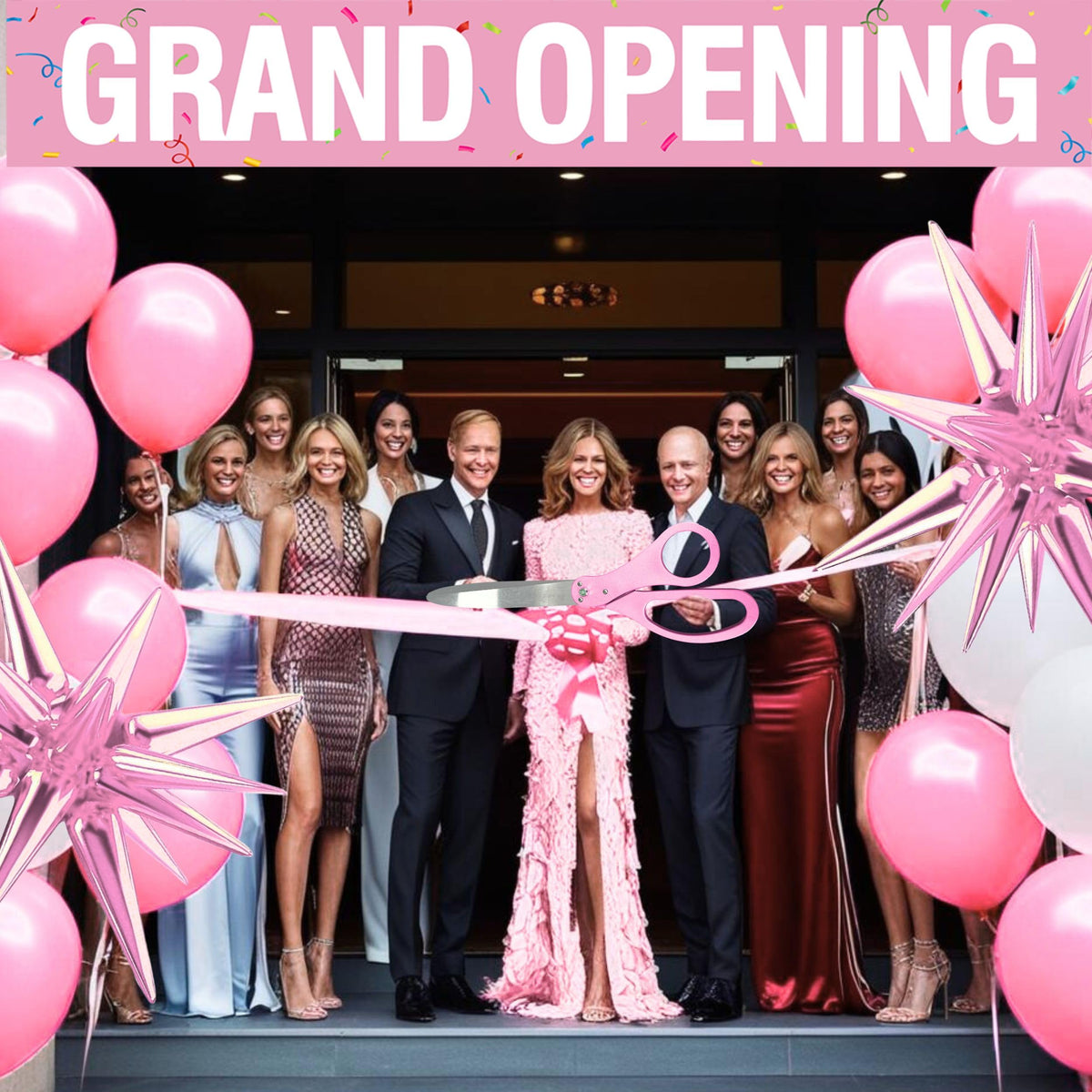 Scissors 25'' + Ribbon + Banner + Balloons — group cutting a pink ribbon with pink scissors under a Grand Opening banner
