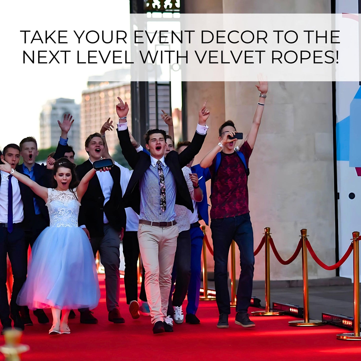 Red velvet rope set lining a glamorous red carpet event entrance