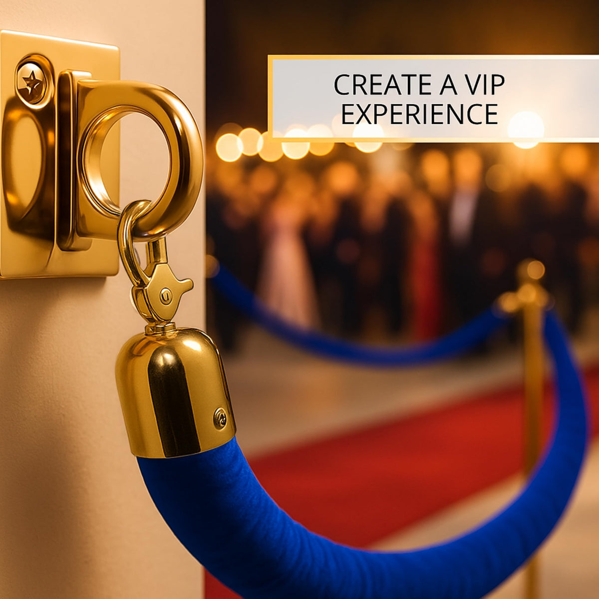 Wall-Mount Blue Velvet Rope — 5 ft with Gold Wall Plates