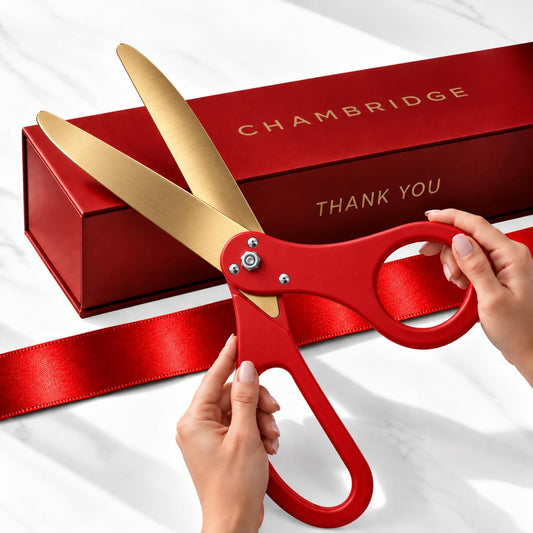 20 inch red ribbon cutting scissors with gold blades and red satin ribbon — Chambridge