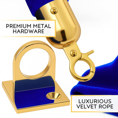 Wall-Mount Blue Velvet Rope — 5 ft with Gold Wall Plates