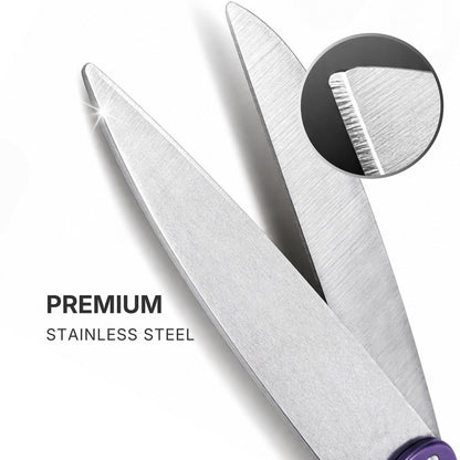 Close-up of stainless steel blades on purple ceremonial scissors with magnified serrated edge detail