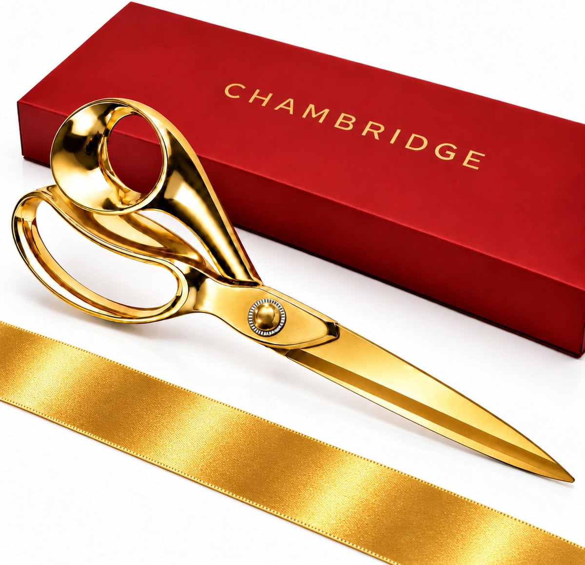 11-inch all-gold ribbon cutting kit with gold blades and gold satin ribbon